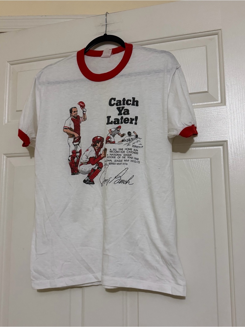 Vintage Cincinnati Reds MLB Johnny Bench Ringer Tee T-Shirt 80s Catch Ya Later L